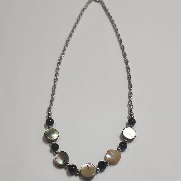 Elegant Silver and Black Necklace With Abalone Shell Beads - Picture 1 of 6